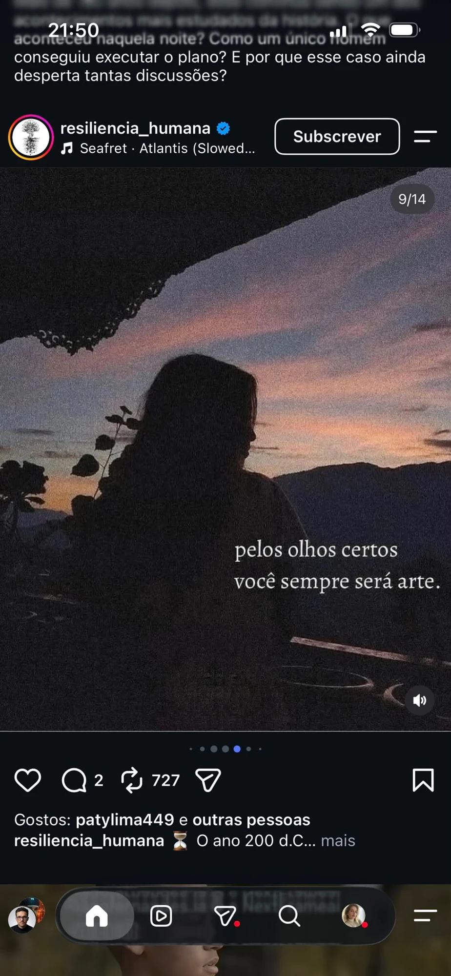 Referência visual partilhada pelo perfil resiliencia_humana, com uma frase sobre arte